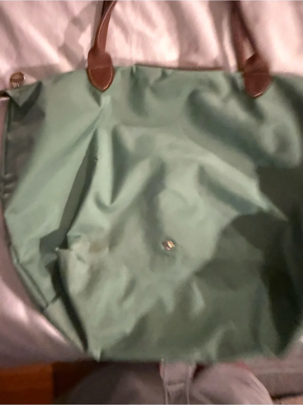 Longchamp LePliage Classic Green Tote Bag with Brown Leather Trim